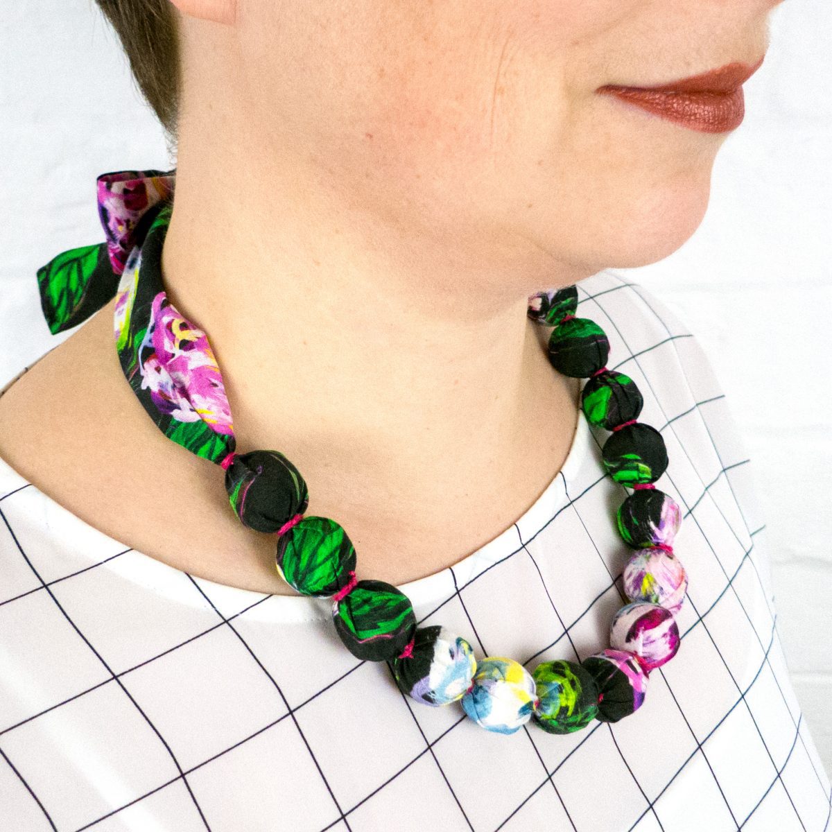 Chunky, Fabric Covered, Bead Necklace 'Peony'