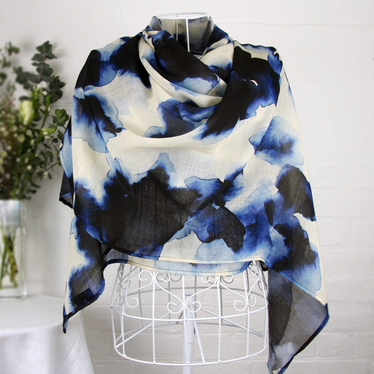 Large wool scarf - abstract inky blue spots in navy - 'Blurred Shadows'