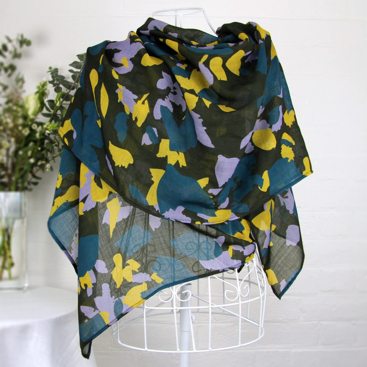 Large wool scarf – graphic leaf pattern in lilac, lime and teal – ‘Spring Leaves’