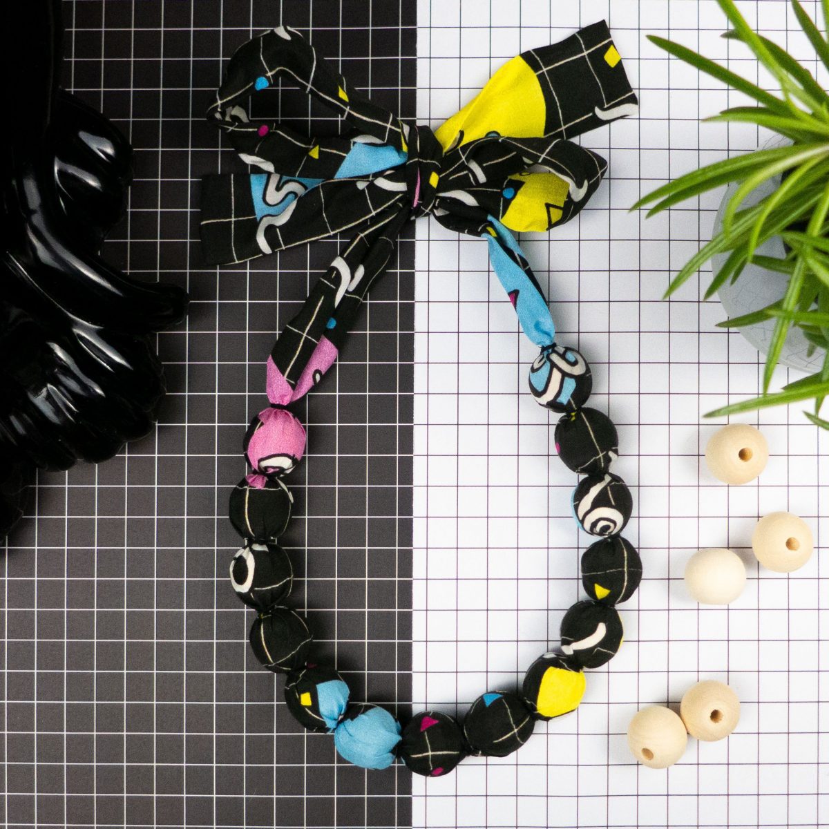 Chunky, Fabric Covered, Bead Necklace 'Memphis check'