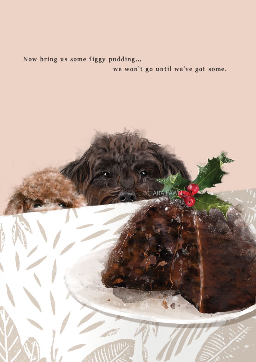 Figgy Pudding & Poodles Illustrated Christmas Card With Sparkle