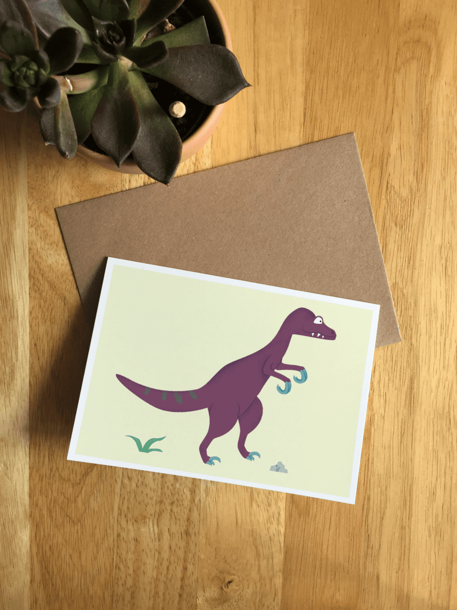 Velociraptor Illustrated Dinosaur A6 Recycled Greetings card