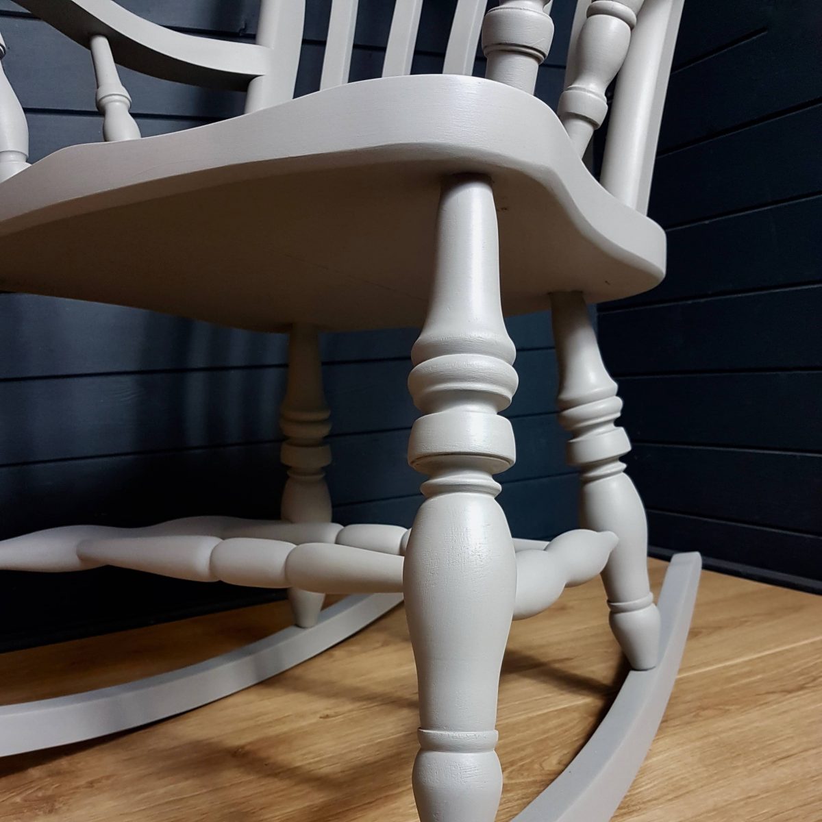 Two-tone grey and white painted wooden rocking chair