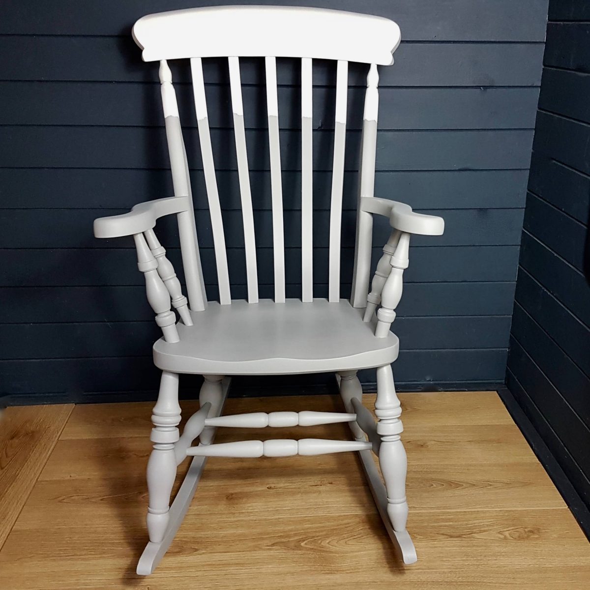Two-tone grey and white painted wooden rocking chair
