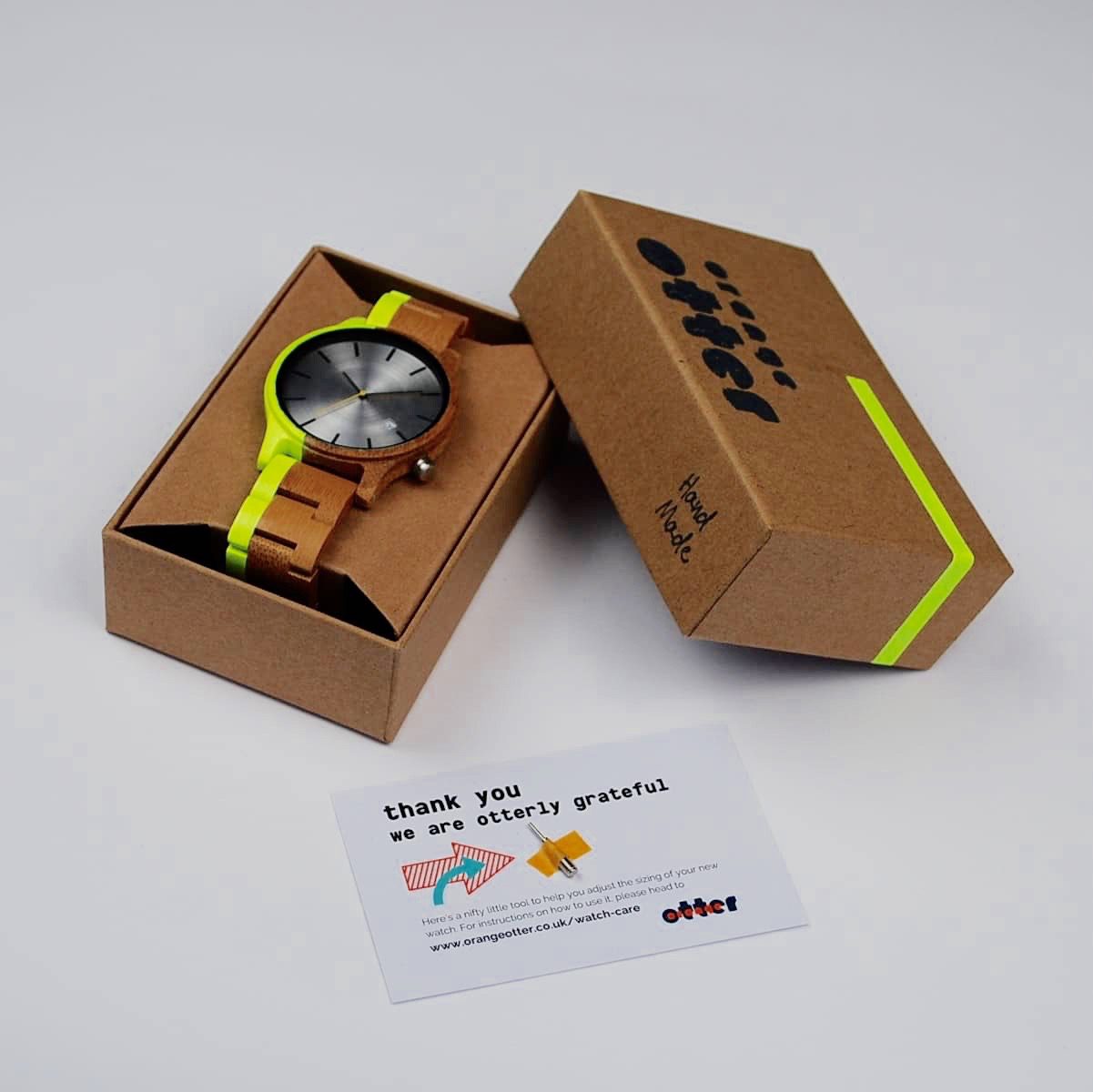 Neon yellow painted bamboo wood watch