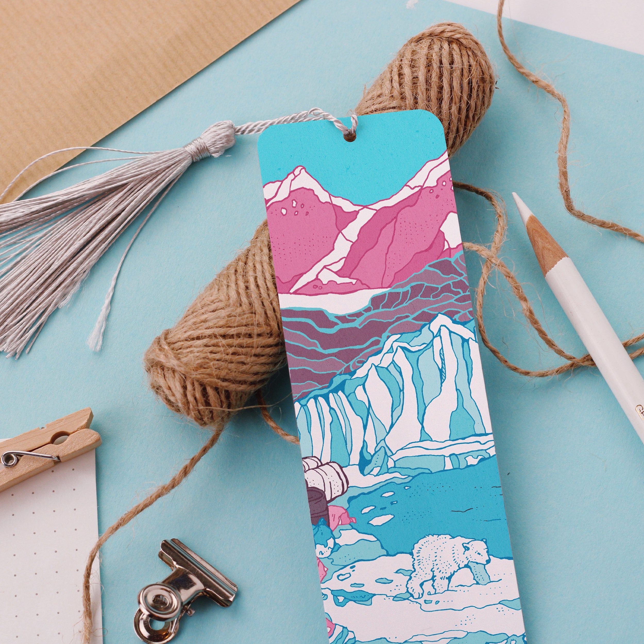 Arctic Aluminium Bookmark, Polar Bear Mountain Illustration, Winter Christmas Gift For Her