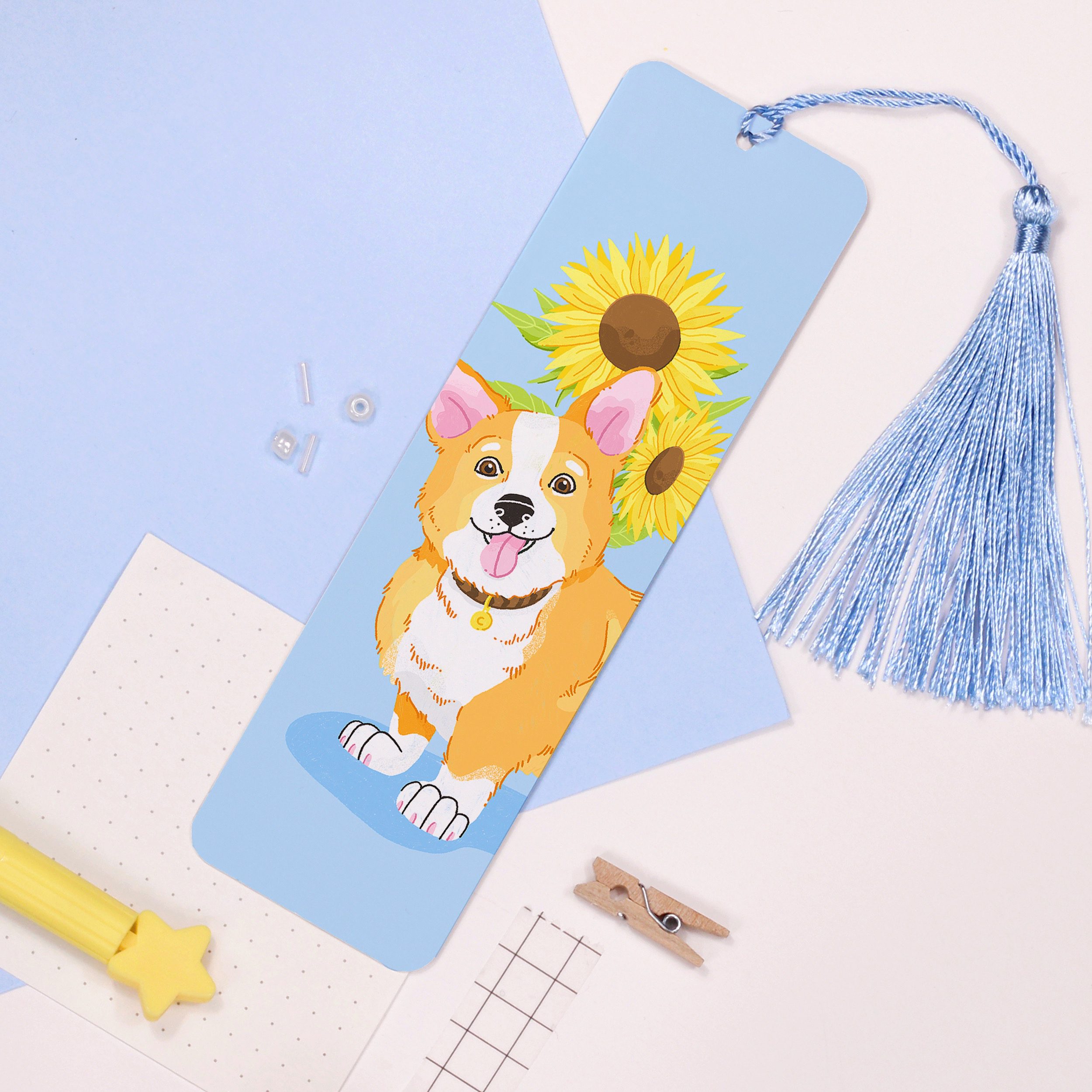 Corgi Aluminium Bookmark, Dog Illustration Metal Bookmark, Sunflowers, Cute Book Gift