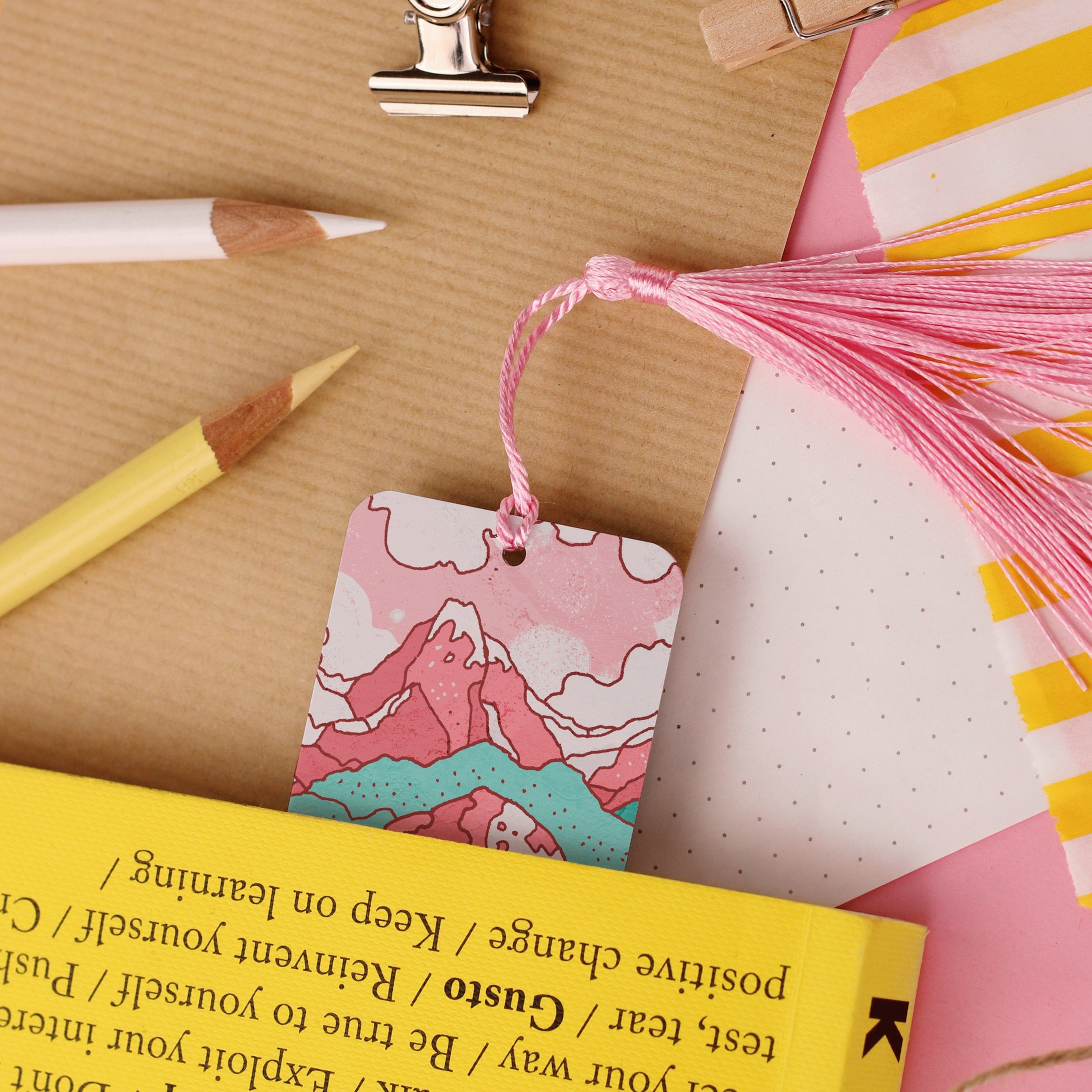 Raspberry Hills Aluminium Bookmark, Cute Mountain Art, Pink Cute Illustration Bookmark