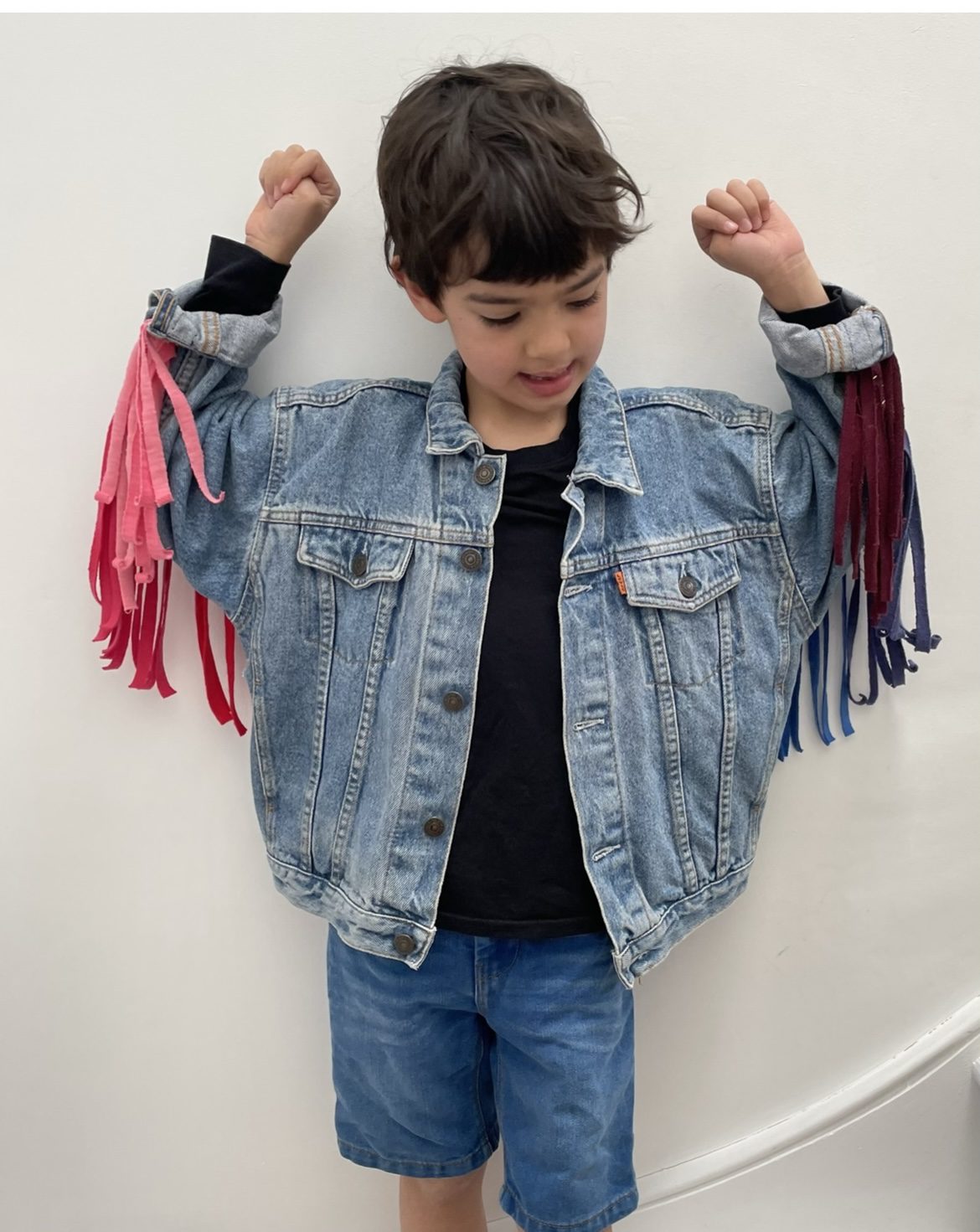 Vintage kids denim jacket with rainbow tassels