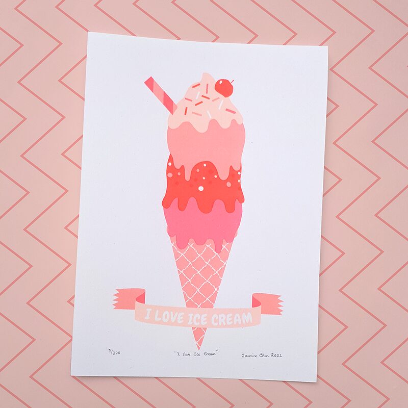 I Love Ice Cream A5 Handmade Screen Print