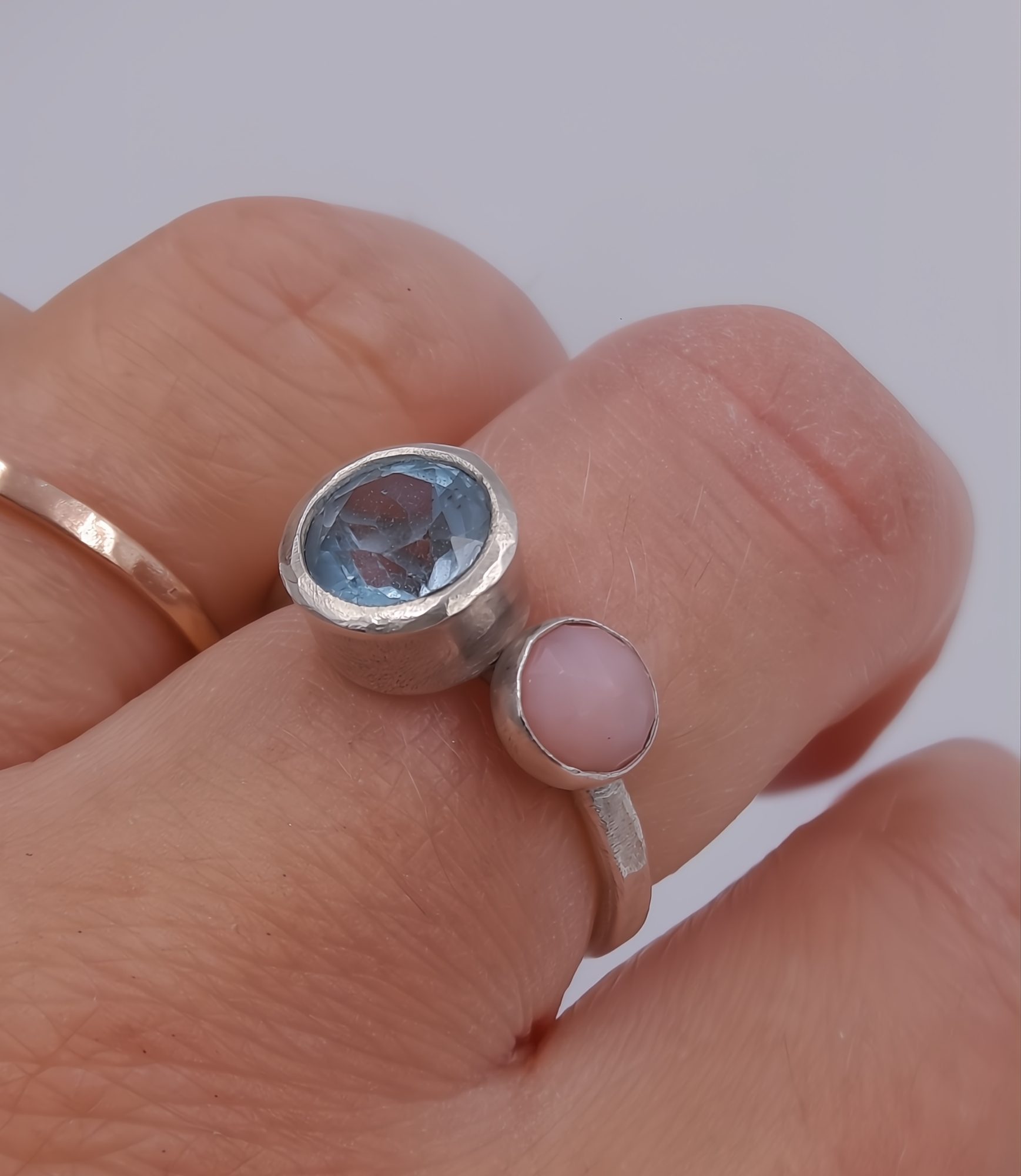 Blue Topaz and Pink Opal Double Stone Ring