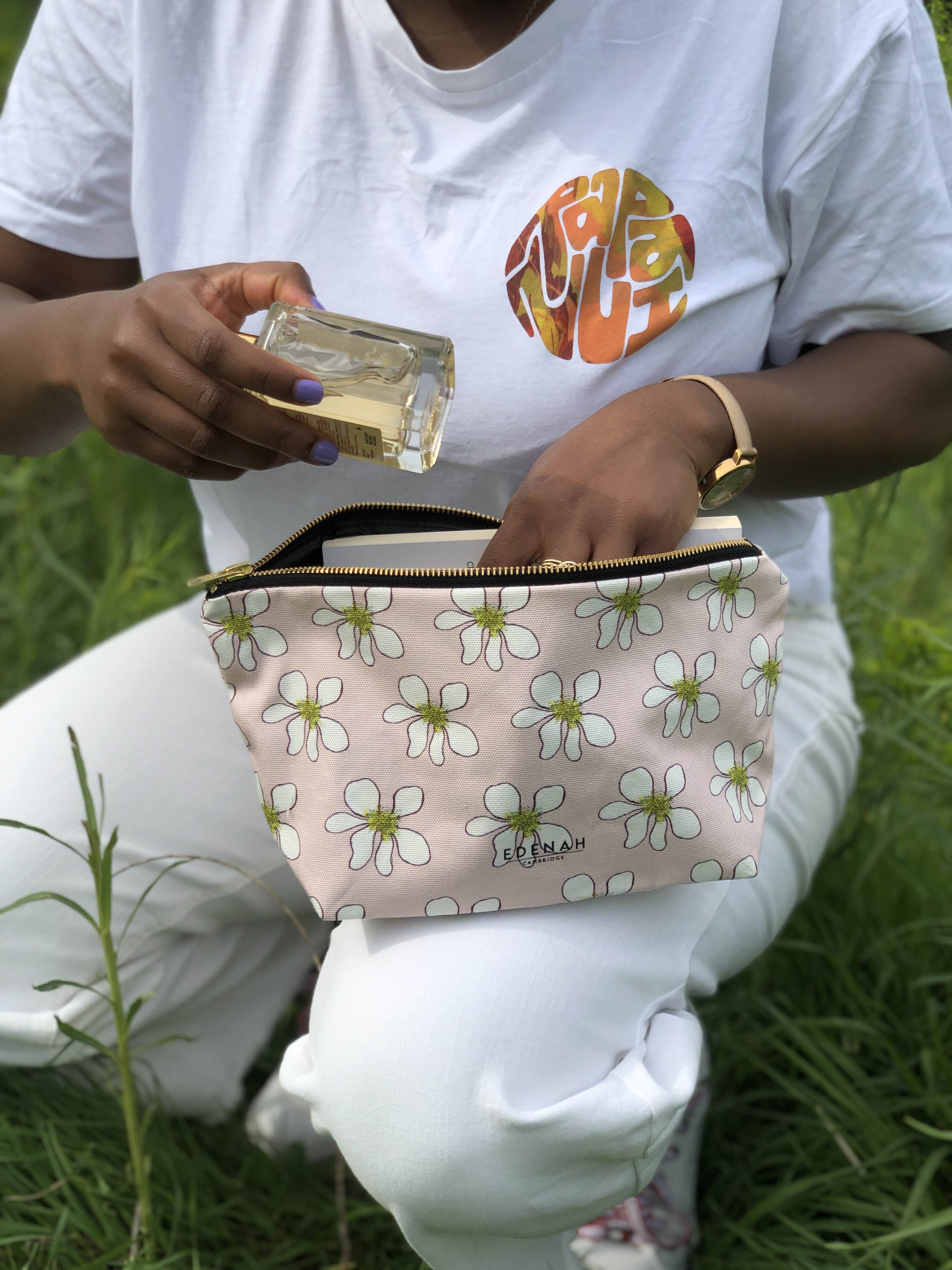 Baby Pink Daisy Cotton Makeup Bag - Made in England