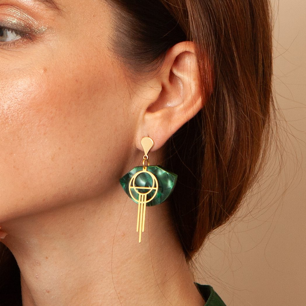 Deco Circle Green Fan Earrings - Art Deco earrings