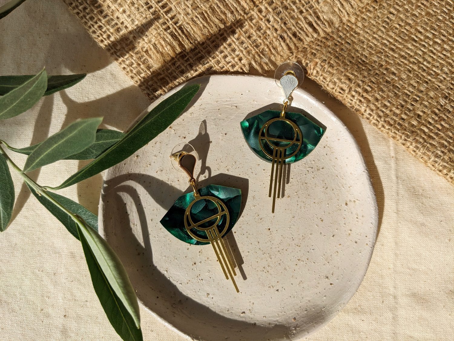 Deco Circle Green Fan Earrings - Art Deco earrings