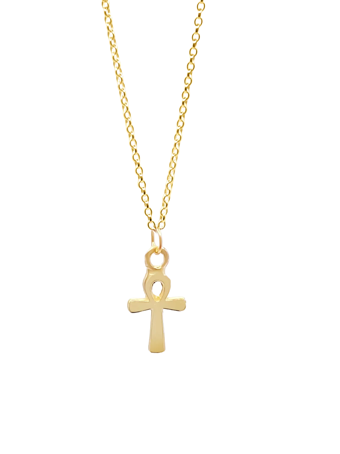 Gold Ankh Pendant on classic chain, isolated on white background