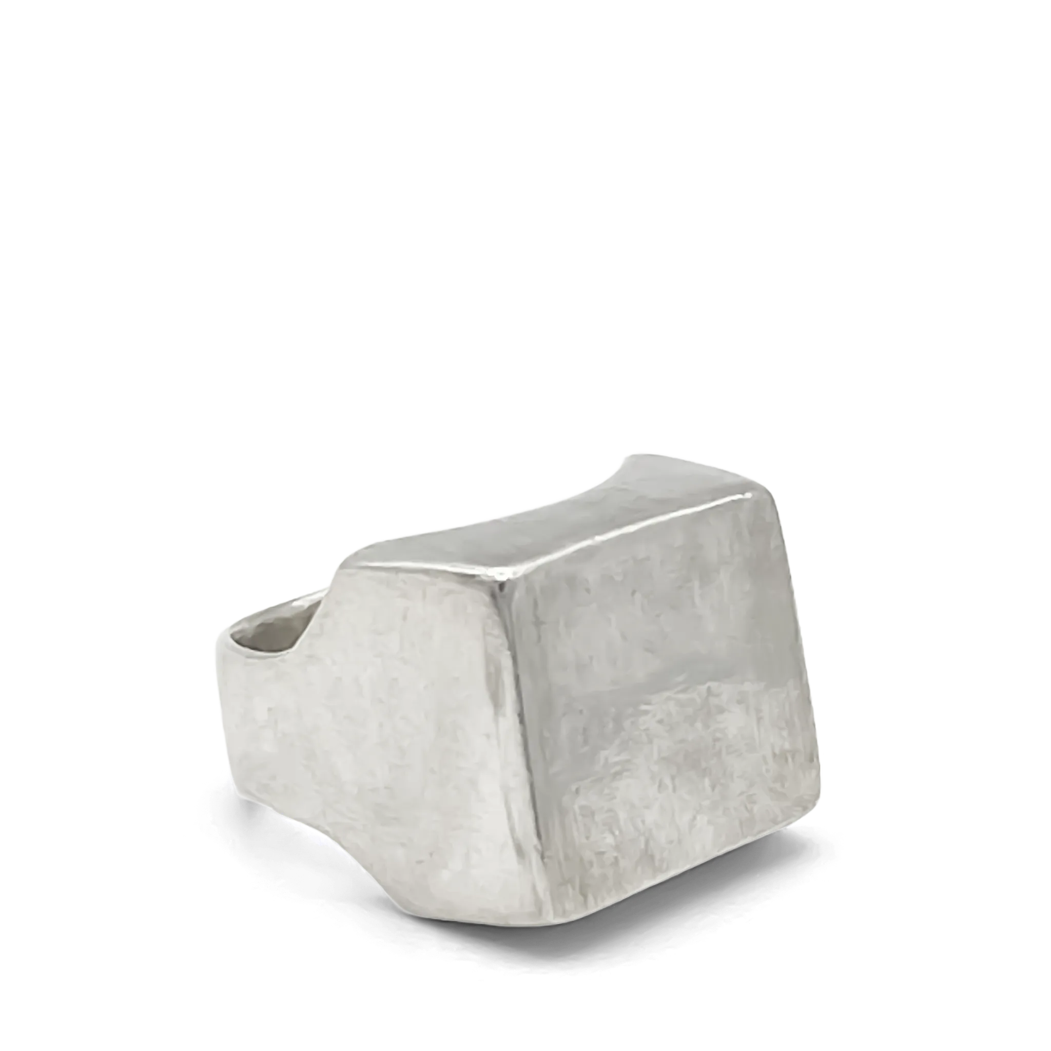 Close-up of silver square signet ring worn on finger from different perspectives