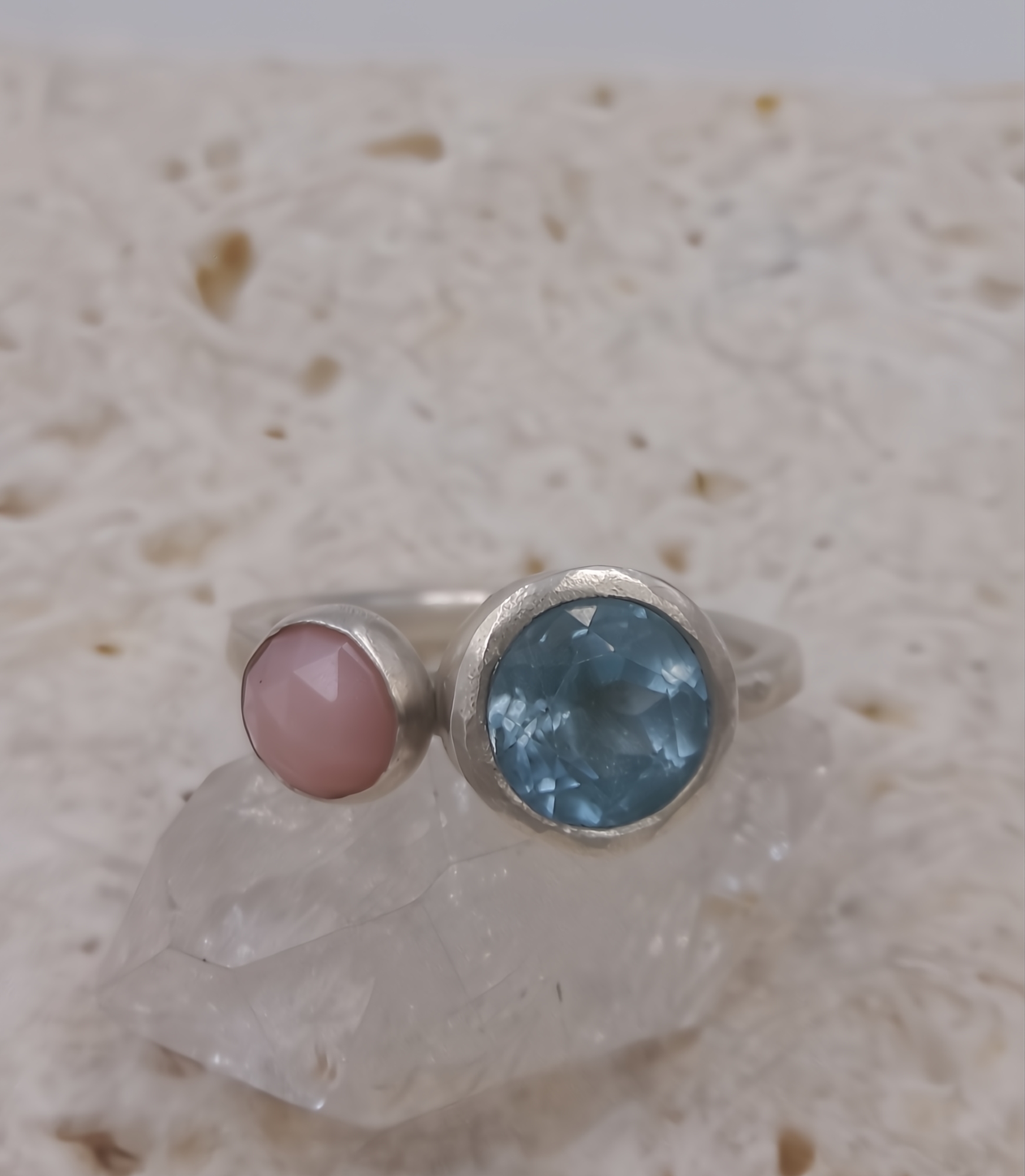 Blue Topaz and Pink Opal Double Stone Ring