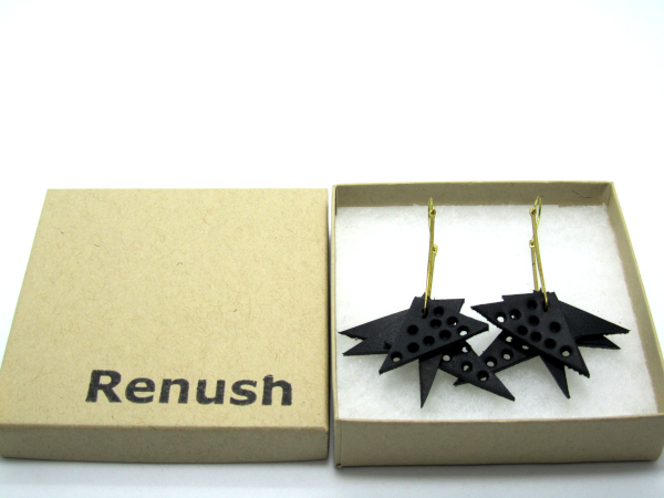 Geometric handmade upcycled Leather Earrings - Black and Orange