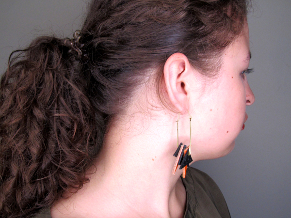 Geometric handmade upcycled Leather Earrings - Black and Orange