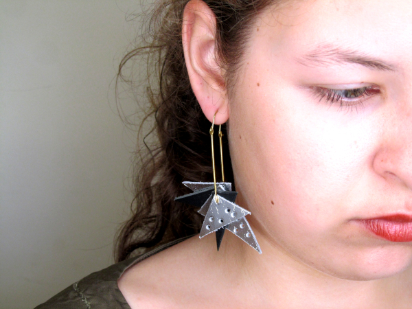 Geometric handmade upcycled Leather Earrings - Black and Orange