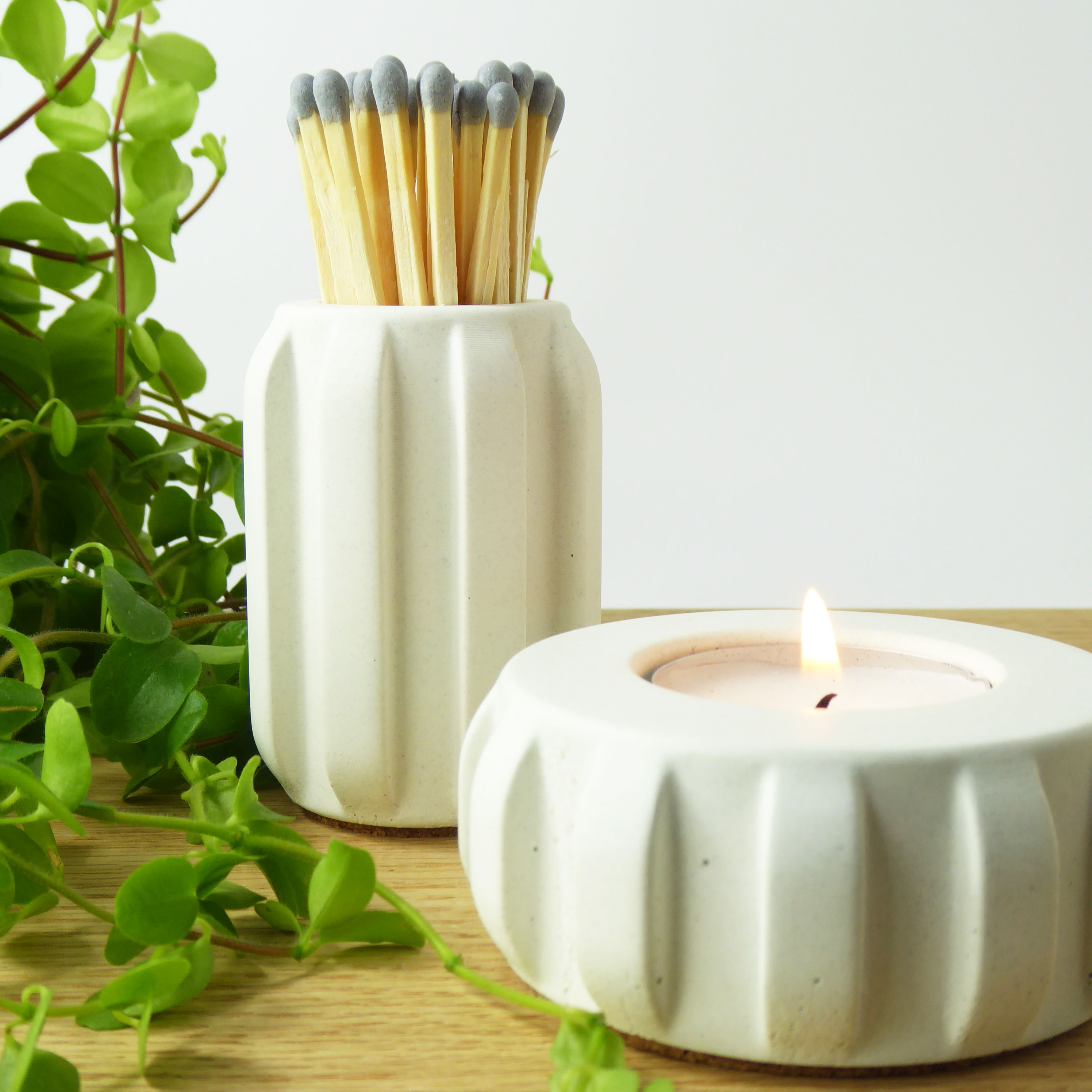 Concrete match pot with long matches - natural grey or white