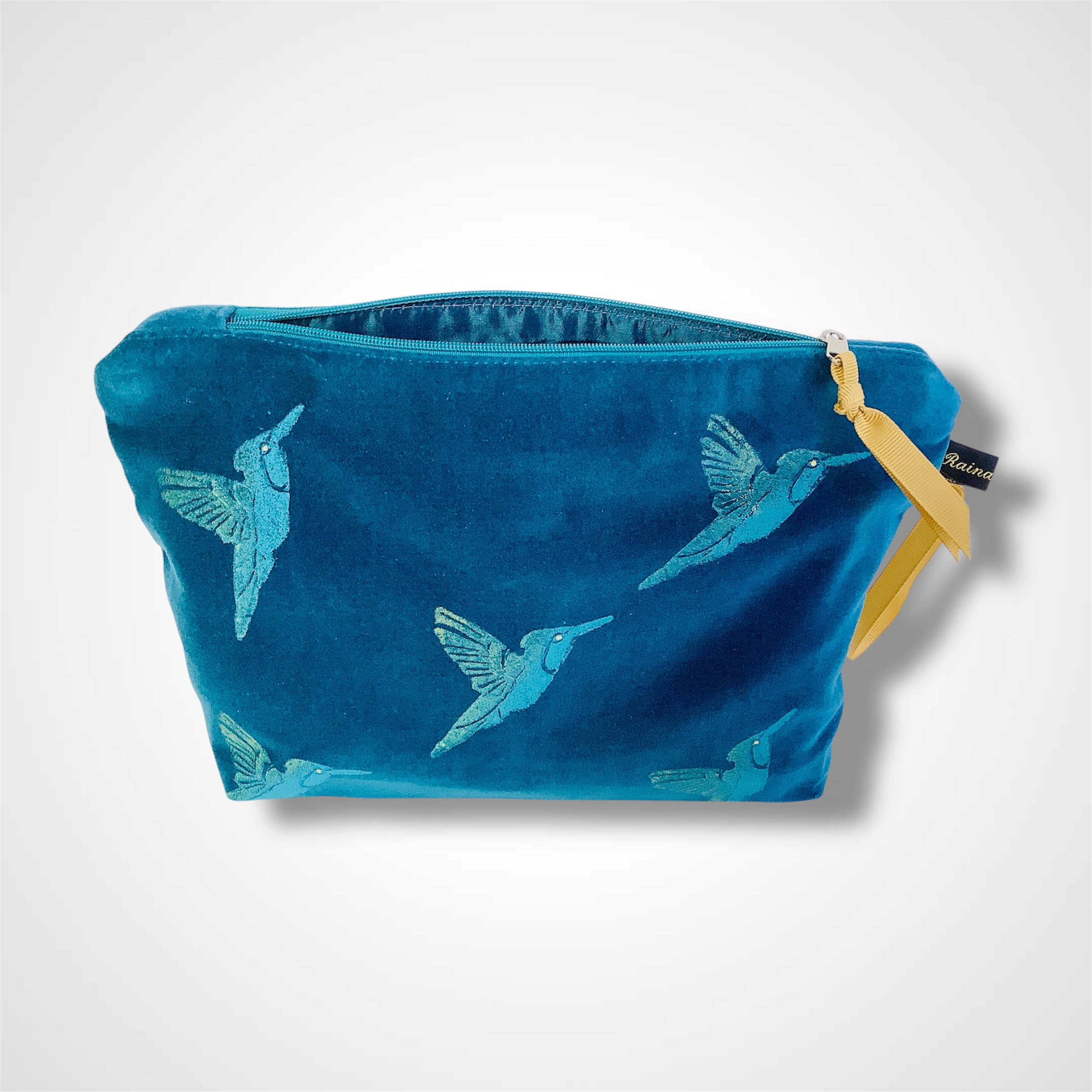Teal Velvet Hummingbirds Makeup Bag