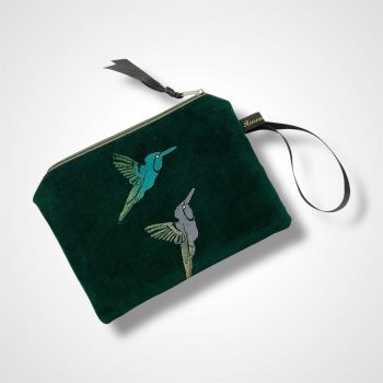 Green Velvet Hummingbirds velvet zip-up pouch