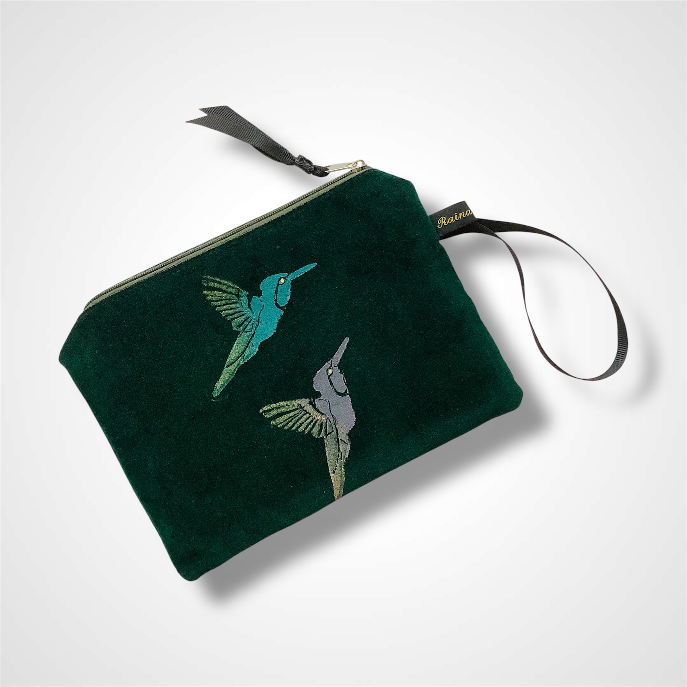 Green Velvet Hummingbirds velvet zip-up pouch