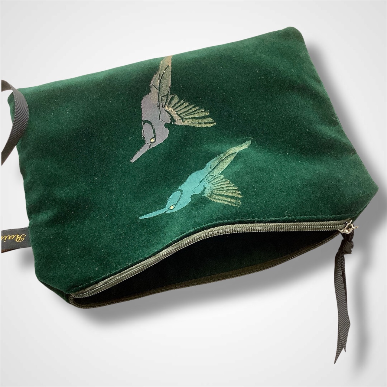 Green Velvet Hummingbirds velvet zip-up pouch