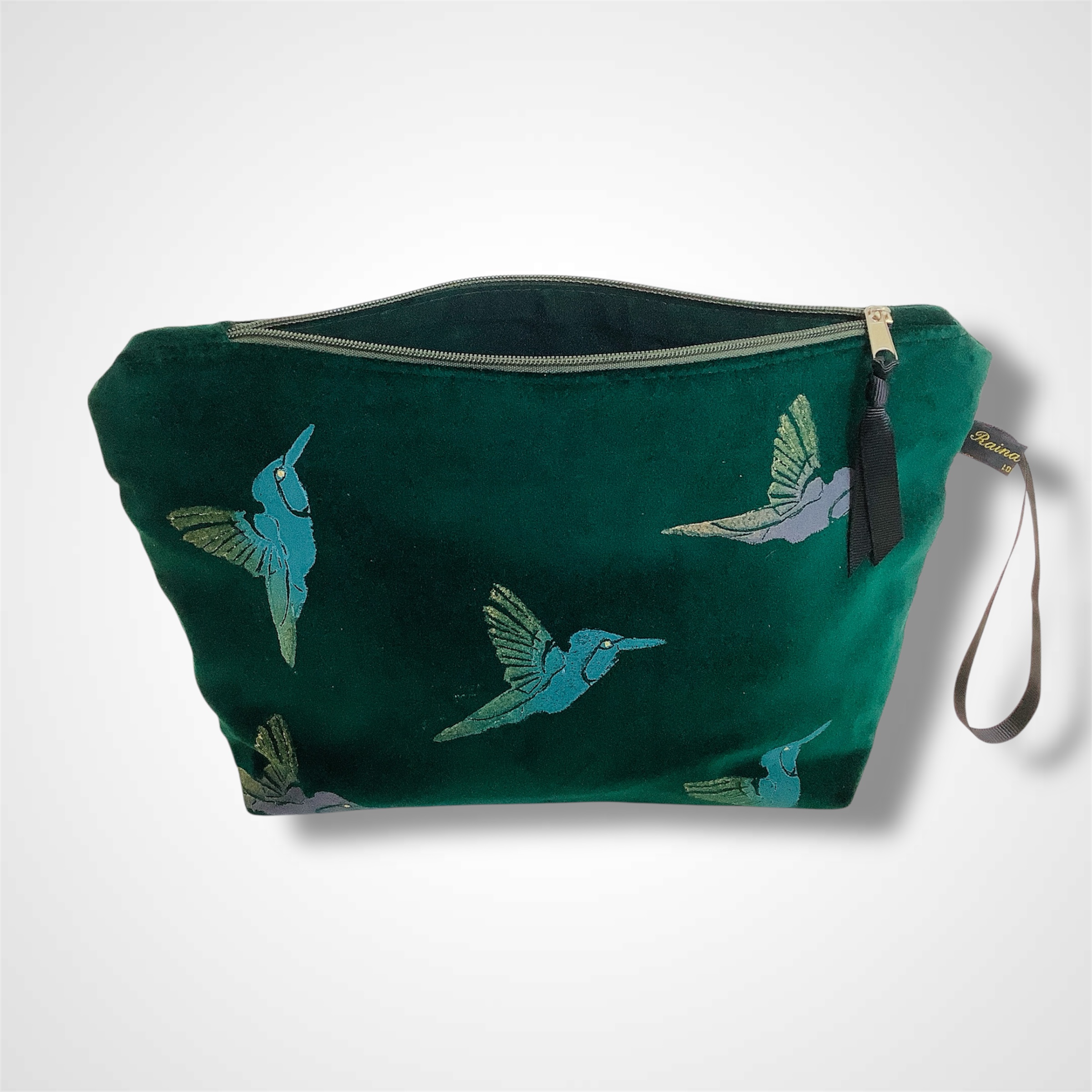 Green Velvet Hummingbirds Makeup Bag