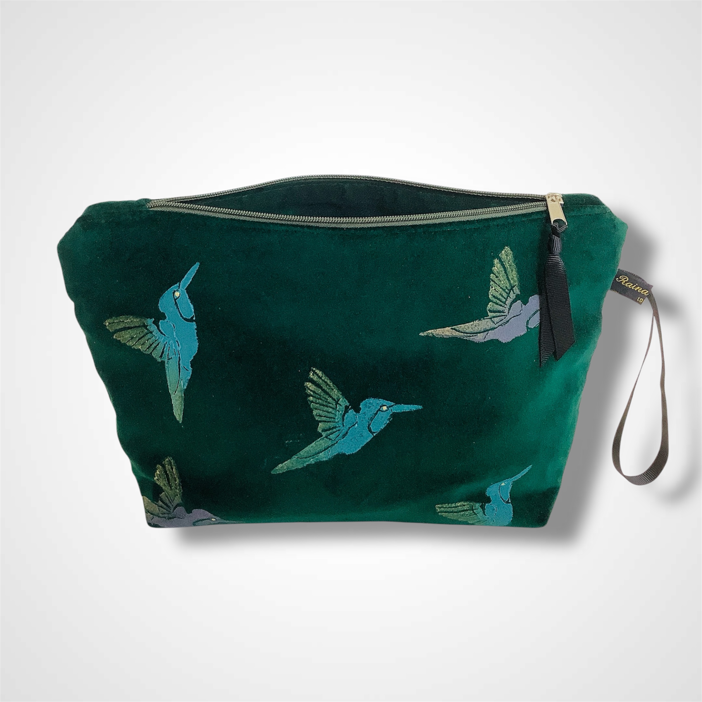 Green Velvet Hummingbirds Makeup Bag