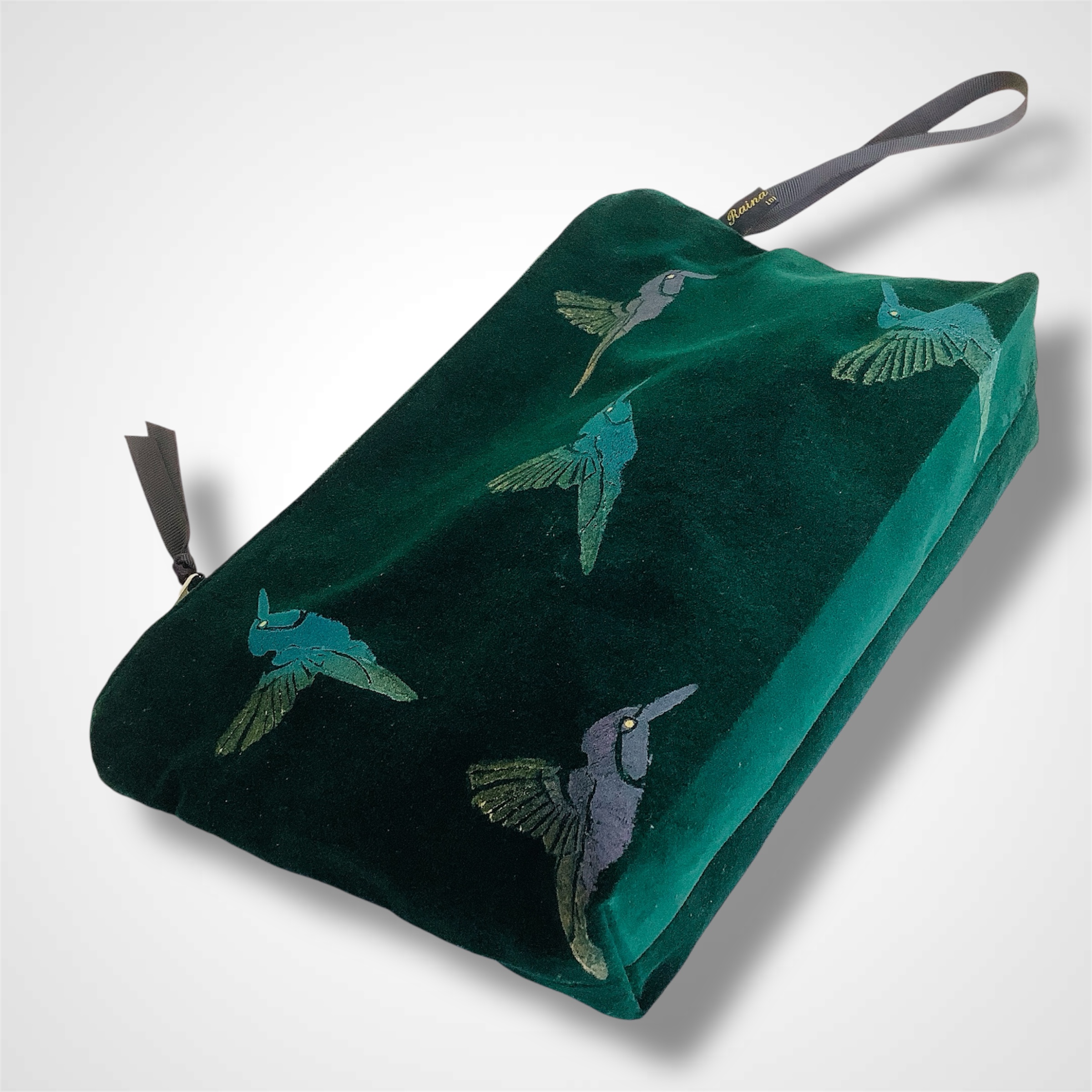 Green Velvet Hummingbirds Makeup Bag
