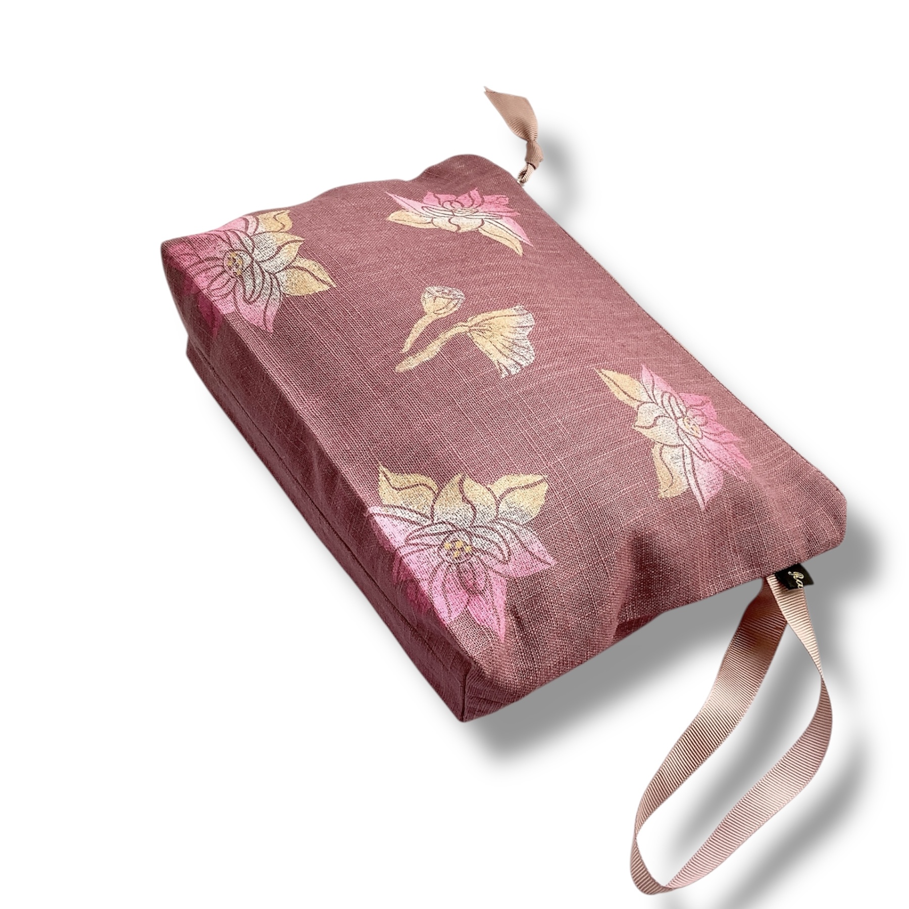 Dusty Pink Lotus Flowers Linen Makeup Bag