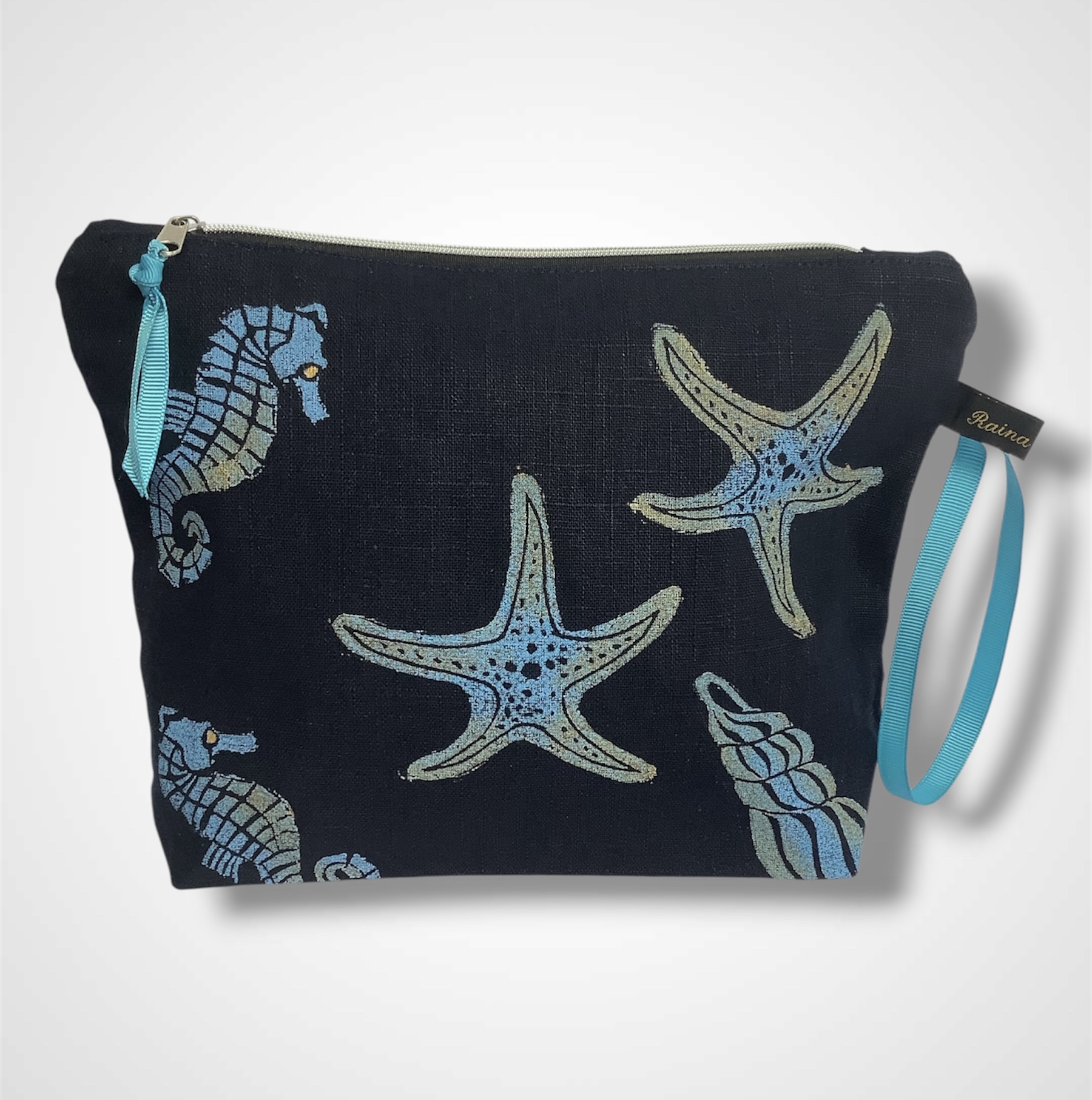 Navy Blue Sea Shells Linen Makeup Bag