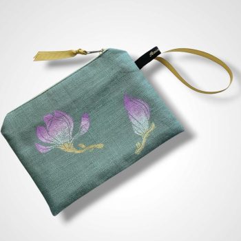 Sage Green Linen Magnolias Zip-Up Pouch