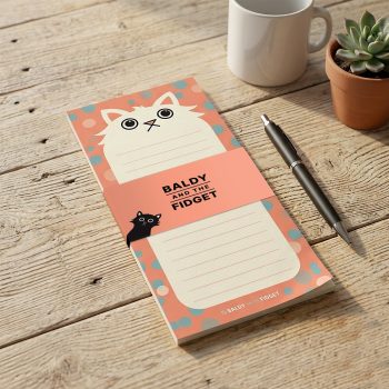 Paws for Thought cat shopping list pad by Baldy and the Fidget, showing a fluffy white cartoon cat illustration on a coral background with teal and pink spots, displayed with a branded belly band on a wooden surface alongside a pen and succulent plant.