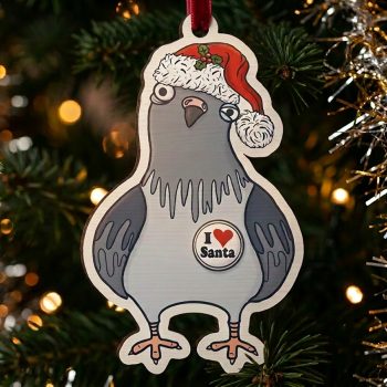 Grey pigeon wooden Christmas decoration wearing a Santa hat with an I Love Santa badge, hanging from a red ribbon